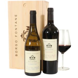 BORGO FONTANE BOLGHERI SUPERIORE SUPERIORE DOC + VERMENTINO BOLGHERI DOC    CASSETTA IN LEGNO 2 BOTTIGLIE 75 CL