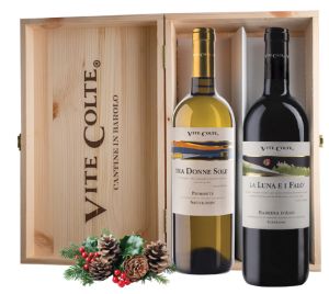 VITE COLTE TRA DONNE SOLE SAUVIGNON PIEMONTE DOC + LA LUNA E I FALO' BARBERAD'ASTI SUPERIORE DOCG CASSETTA LEGNO 2 BOTTIGLIE 75 CL