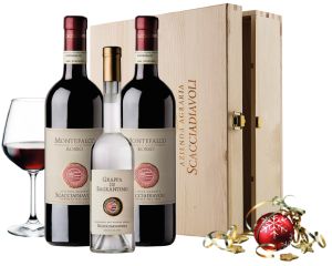 SCACCIADIAVOLI MONTEFALCO ROSSO DOC 75 CL + GRAPPA DI SAGRANTINO 50 CL      CASSETTA LEGNO 2 BOTTIGLIE