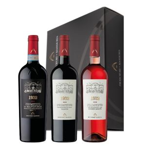 PRODUTTORI DI MANDURIA 1932 PRIMITIVO DI MANDURIA DOC + NEGROAMARO IGT + PRIMITIVO ROSATO IGT AST 3 BOTTIGLIE 75 CL