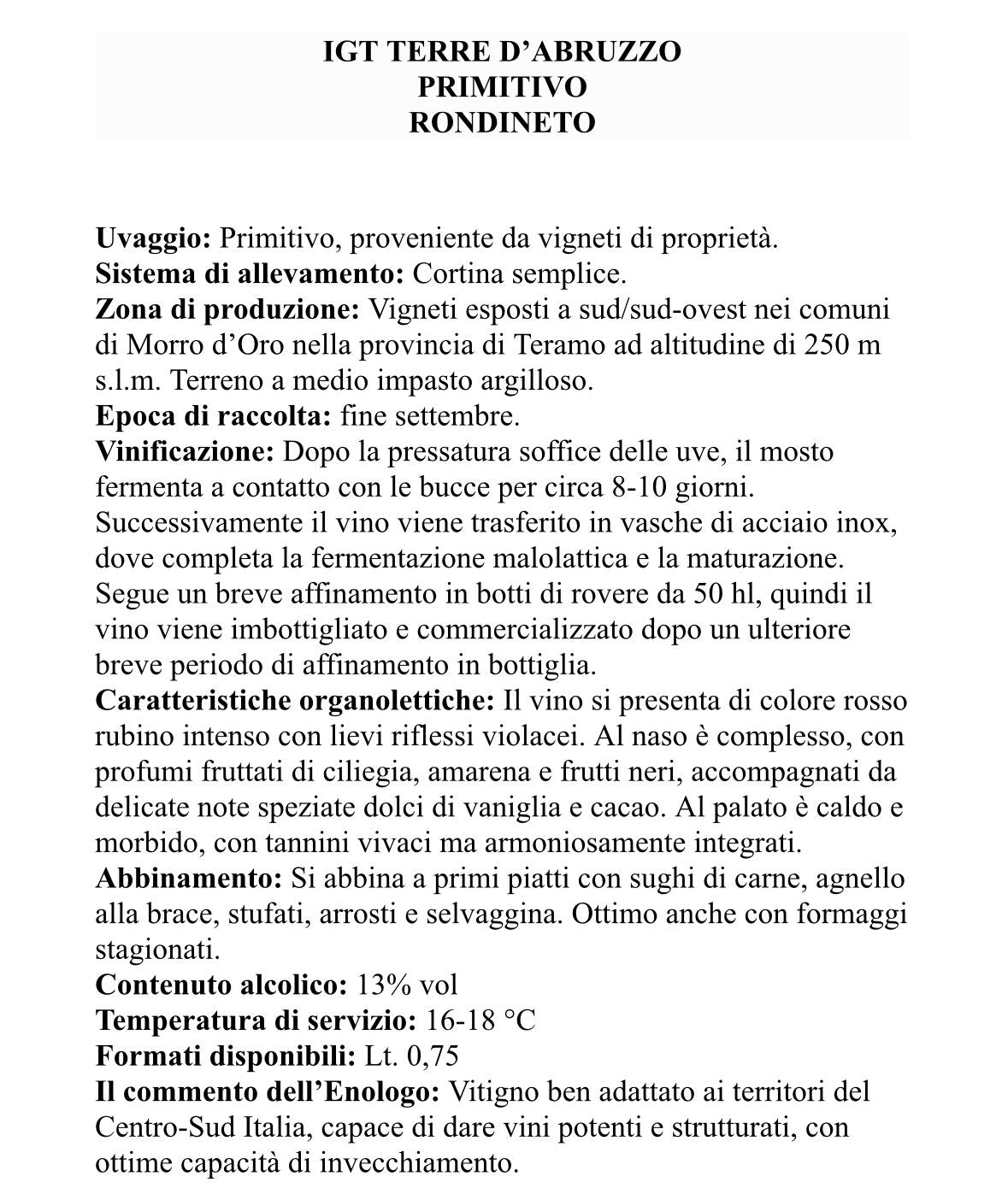 6 x PRIMITIVO IGT CL75 RONDINETO